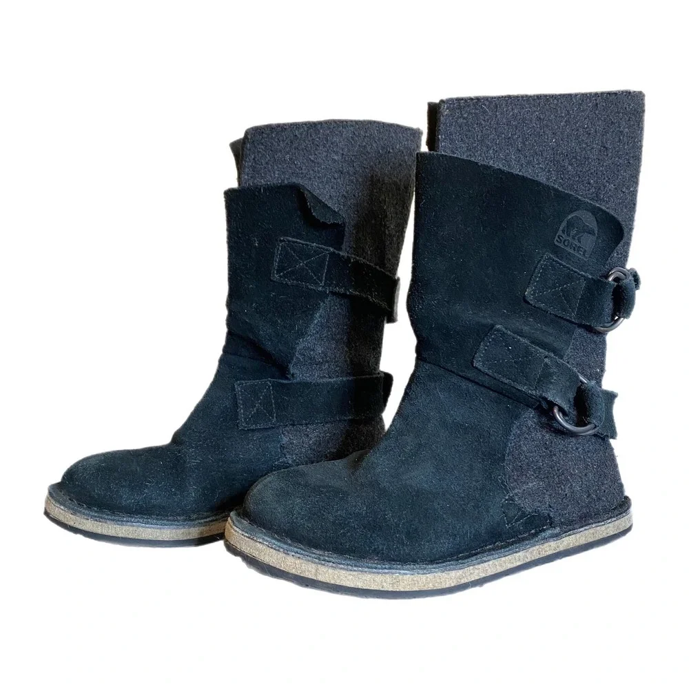 SOREL Kids Chipahko Black Gray Felt Suede Boots Size 1 - Picture 1 of 10